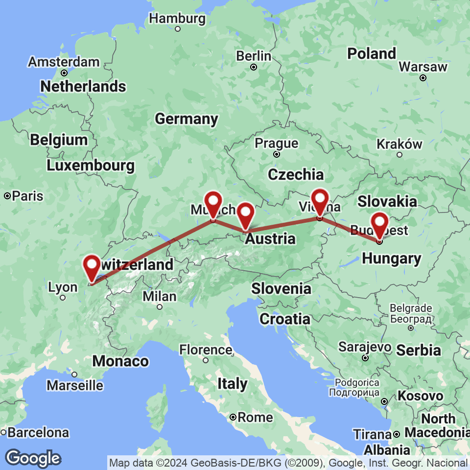 Route for Geneva, Munich, Salzburg, Vienna, Budapest tour